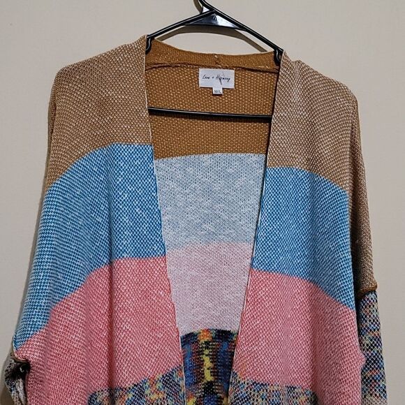 Love and Harmony Blue Brown Multicolored Cardigan Open Front Sweater Sz M/L - Picture 5 of 9